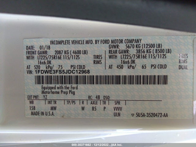 2019 Ford E-Series, VIN: 1FDWE3FS5JDC12968