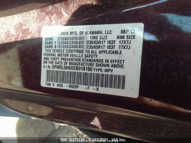 Honda Odyssey Ex-l 2014 5FNRL5H6XEB018180 Image 9
