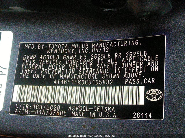 2012 TOYOTA CAMRY L/LE/SE/XLE VIN: 4T1BF1FK0CU105832