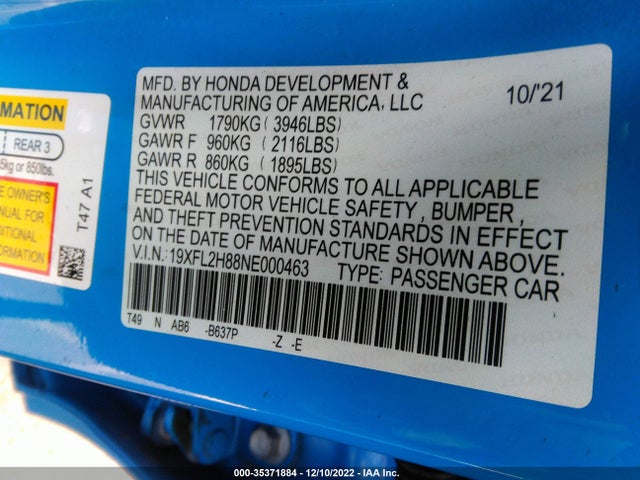 2022 Honda Civic, VIN: 19XFL2H88NE000463