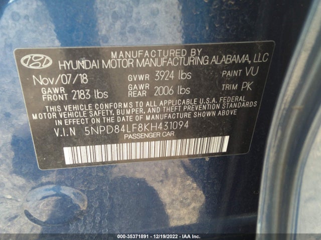 2019 HYUNDAI ELANTRA SEL VIN: 5NPD84LF8KH431094