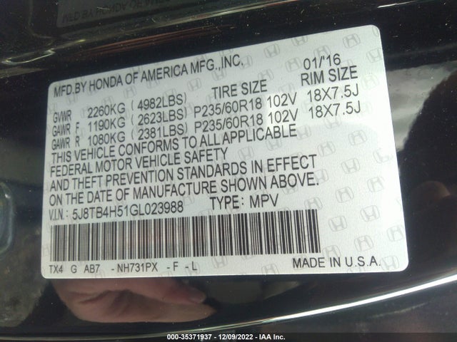 2016 Acura RDX, VIN: 5J8TB4H51GL023988