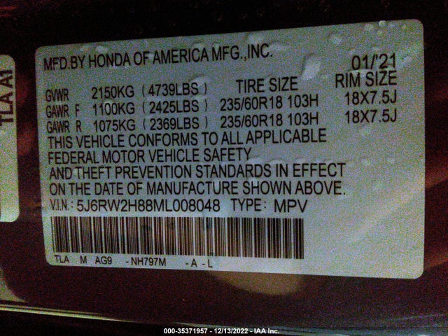 2021 HONDA CR-V EX-L VIN: 5J6RW2H88ML008048