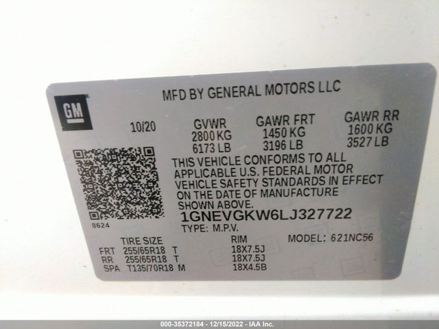 Chevrolet Traverse Lt Cloth 2020 1GNEVGKW6LJ327722 Image 9