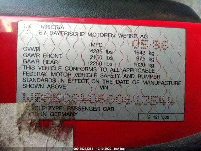1986 BMW 635 CSI AUTOMATIC VIN: WBAEC8406G0613544