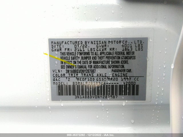 2022 Nissan Sentra, VIN: 3N1AB8DV0NY287987