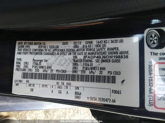 2013 FORD FIESTA SE VIN: 3FADP4BJ9DM198838