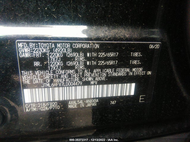 2020 TOYOTA RAV4 HYBRID LE VIN: JTML6RFV7LD004479