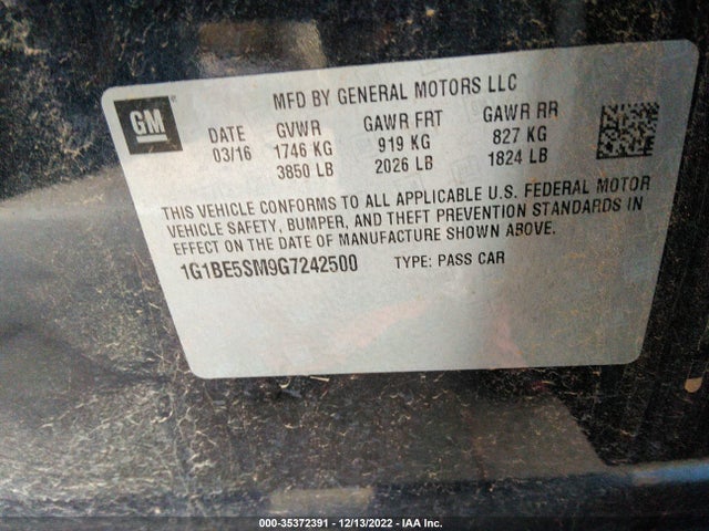 2016 Chevrolet Cruze, VIN: 1G1BE5SM9G7242500