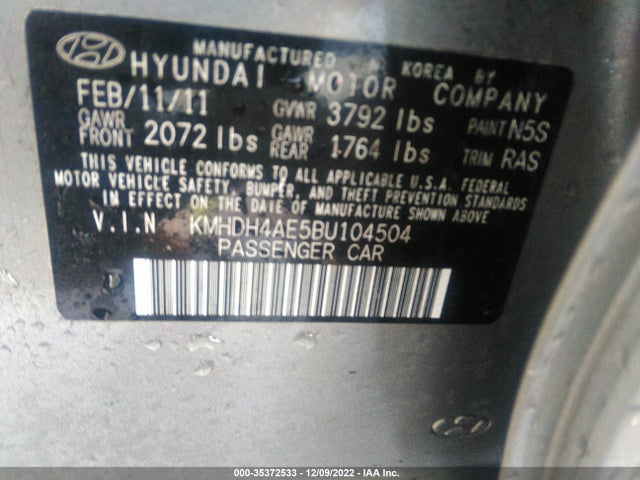 2011 HYUNDAI ELANTRA GLS VIN: KMHDH4AE5BU104504