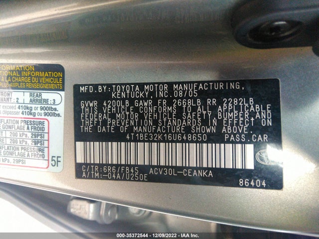 2006 TOYOTA CAMRY STD/LE/SE/XLE VIN: 4T1BE32K16U648650