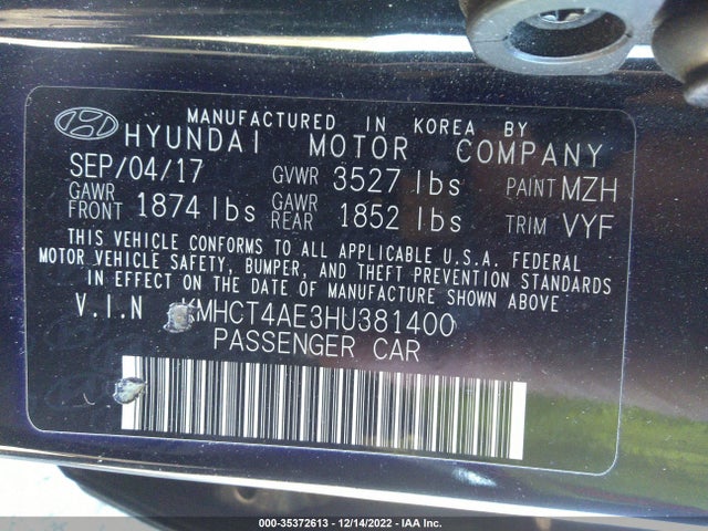 2017 HYUNDAI ACCENT SE VIN: KMHCT4AE3HU381400