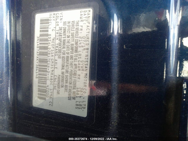 2019 NISSAN SENTRA SV VIN: 3N1AB7APXKY386148