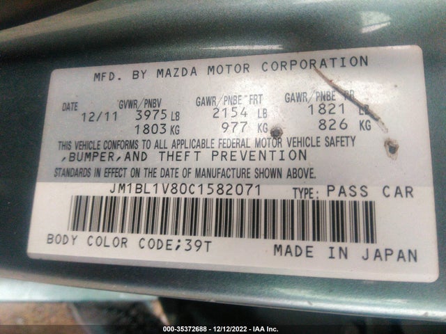 2012 MAZDA MAZDA3 I TOURING VIN: JM1BL1V80C1582071