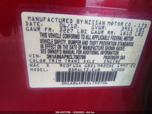 2012 NISSAN SENTRA 2.0 S VIN: 3N1AB6AP8CL750706