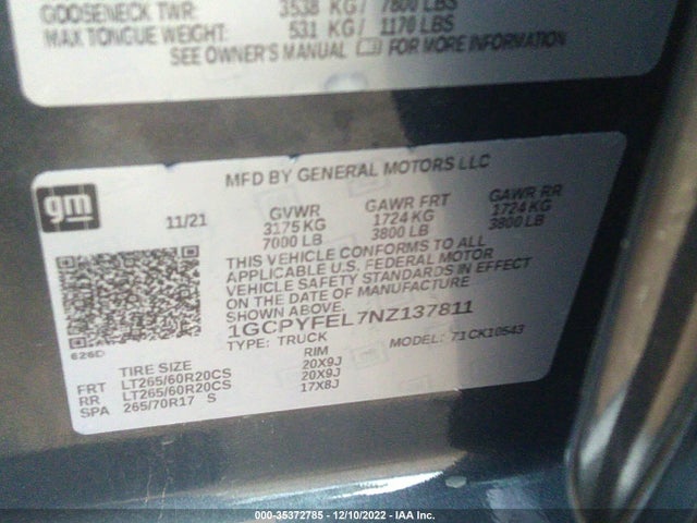 2022 Chevrolet Silverado 1500, VIN: 1GCPYFEL7NZ137811