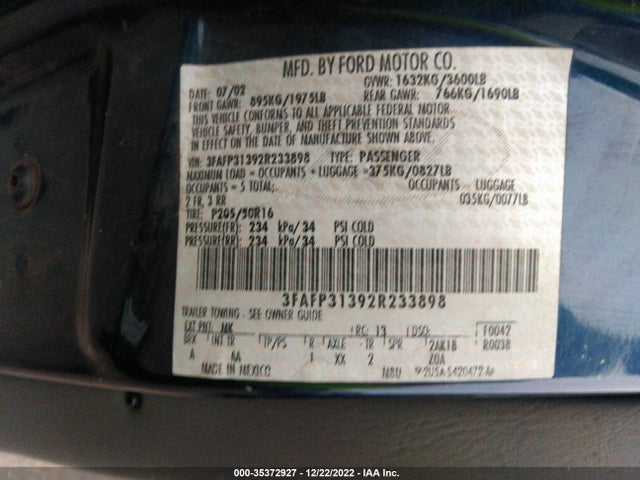 2002 FORD FOCUS ZX3 VIN: 3FAFP31392R233898