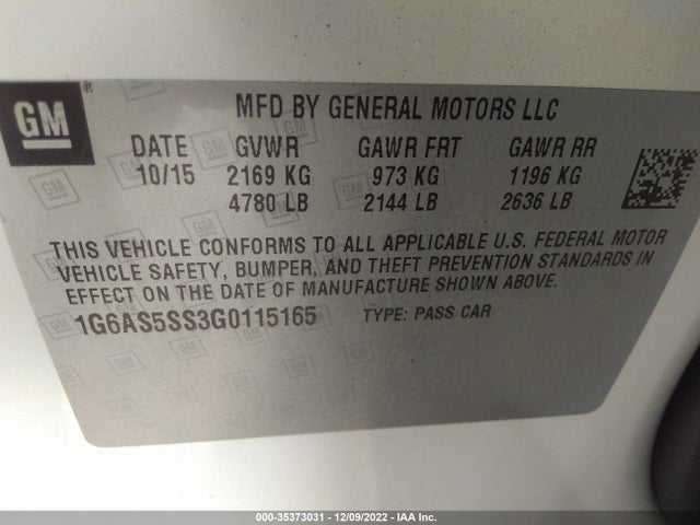 2016 CADILLAC CTS SEDAN PERFORMANCE COLLECTION VIN: 1G6AS5SS3G0115165