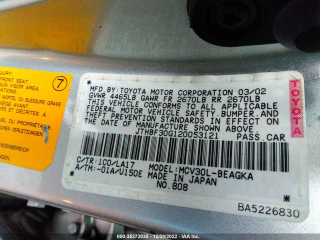 2002 LEXUS ES 300 VIN: JTHBF30G120053121