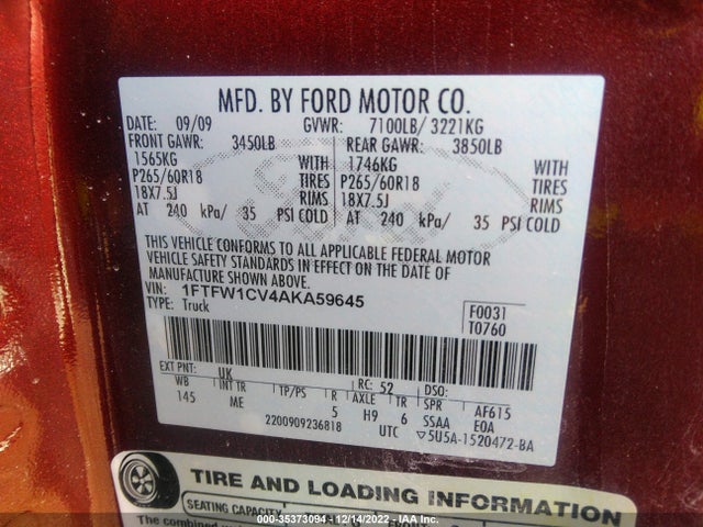 2010 FORD F-150 XL/XLT VIN: 1FTFW1CV4AKA59645