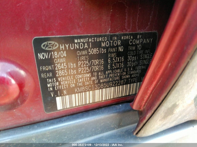 2005 HYUNDAI SANTA FE GLS VIN: KM8SC13D85U922287