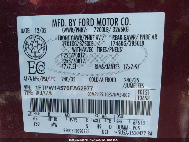 2006 FORD F-150 XLT/FX4/LARIAT/KING RANCH VIN: 1FTPW14576FA62977