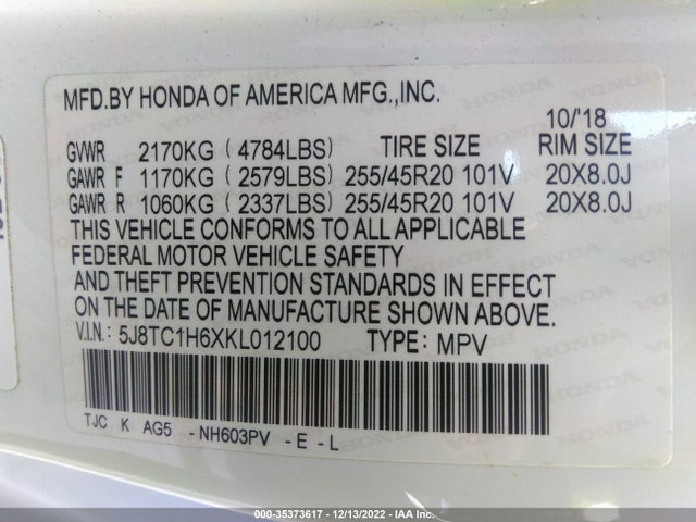 5J8TC1H6XKL012100 Acura Rdx W/a-spec Pkg