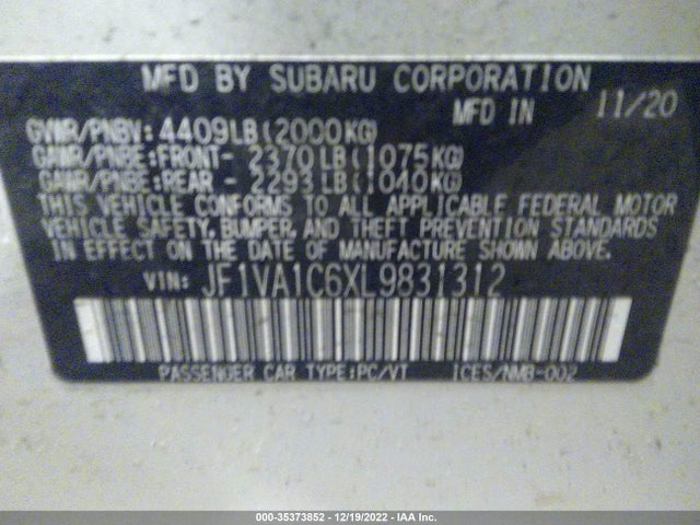 Subaru Wrx Premium 2020 JF1VA1C6XL9831312 Image 9
