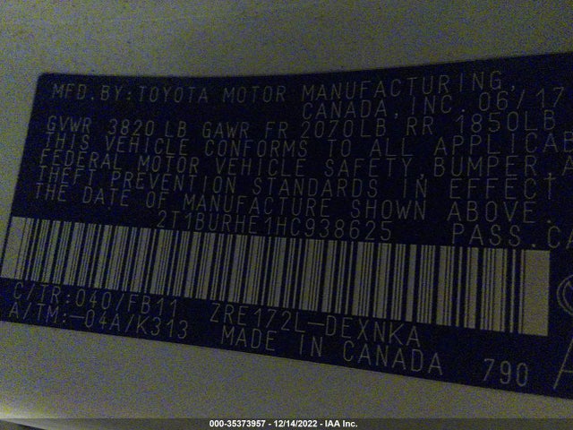 2017 TOYOTA COROLLA L/LE/XLE/SE VIN: 2T1BURHE1HC938625