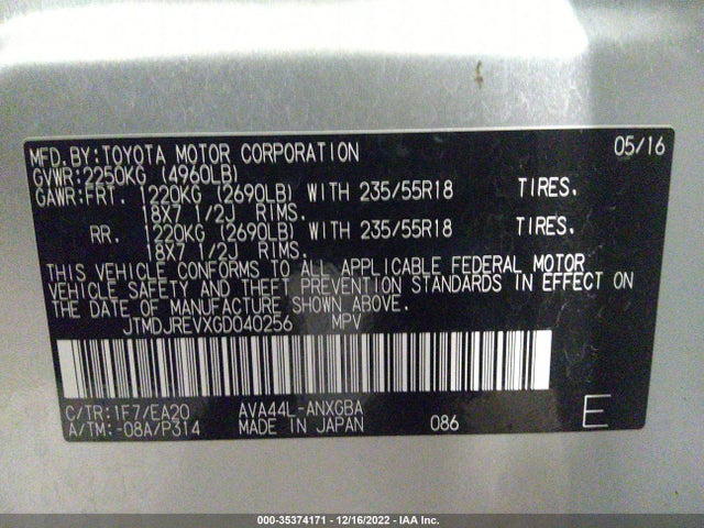 2016 Toyota RAV4, VIN: JTMDJREVXGD040256