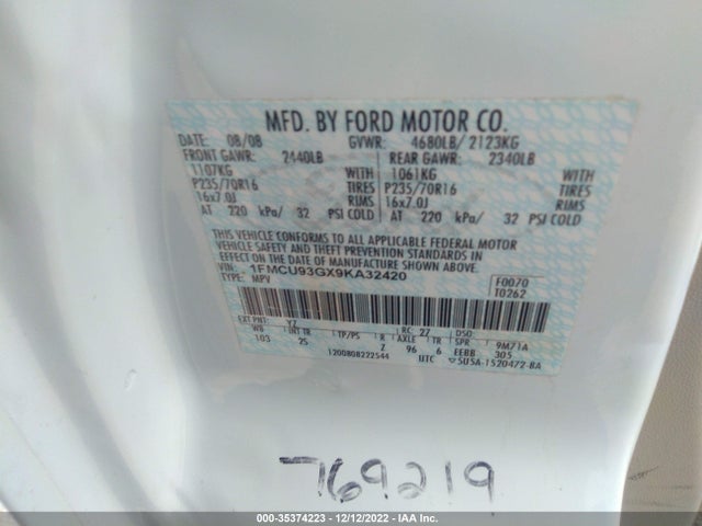 2009 FORD ESCAPE XLT VIN: 1FMCU93GX9KA32420