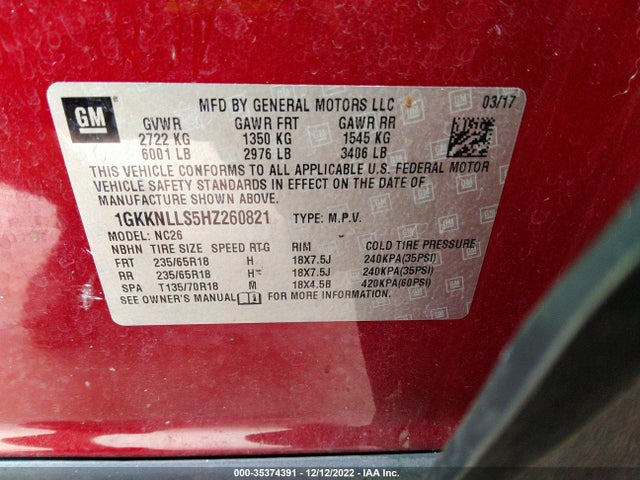 GMC ACADIA SLE 2017 1GKKNLLS5HZ260821 Image 9