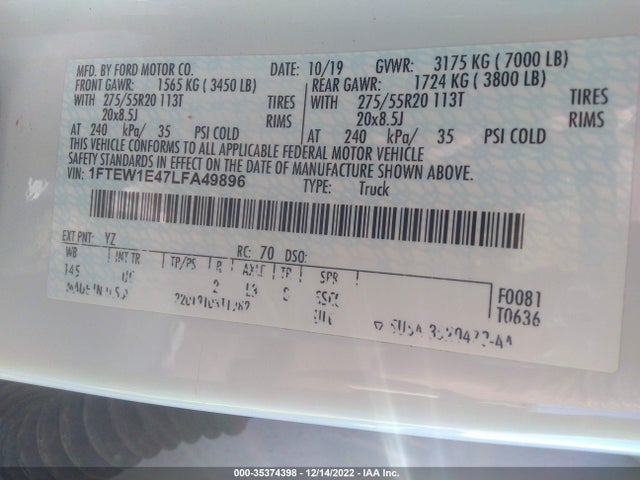 Ford F-150 Xl/xlt/lariat 2020 1FTEW1E47LFA49896 Image 9