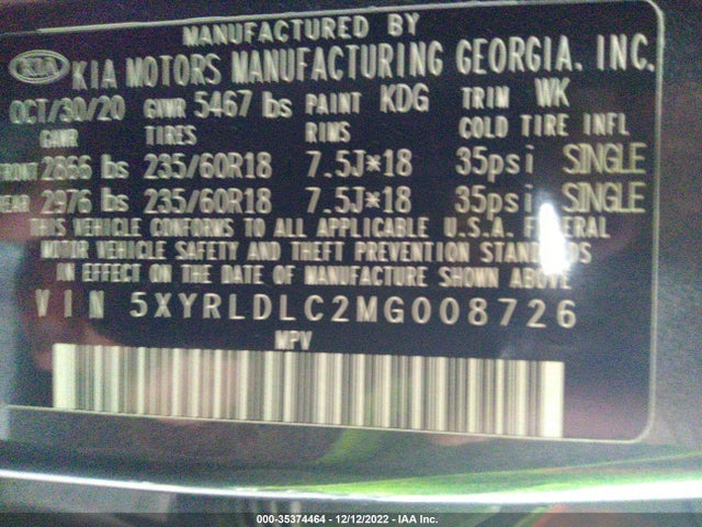 2021 Kia Sorento, VIN: 5XYRLDLC2MG008726