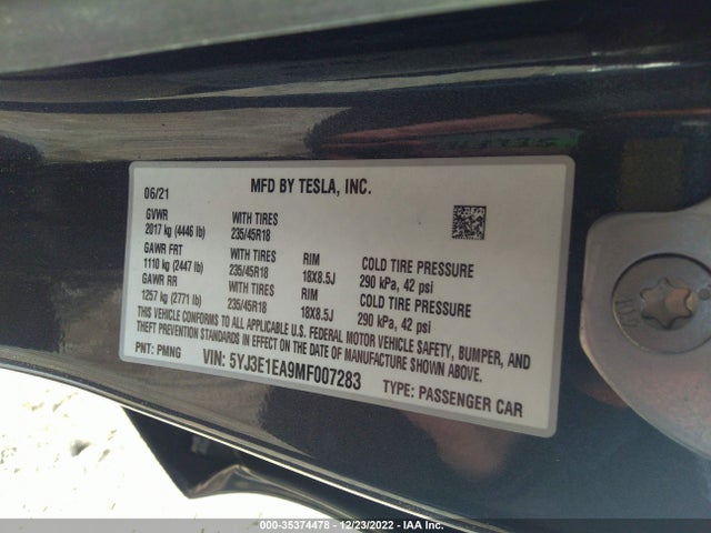 Tesla Model 3 Standard Range Plus 2021 5YJ3E1EA9MF007283 Image 9