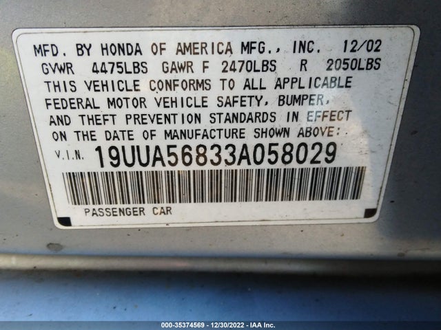 2003 ACURA TL TYPE S VIN: 19UUA56833A058029