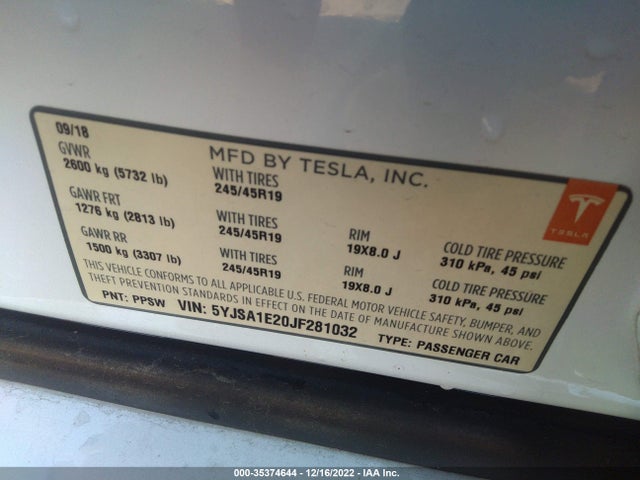 2018 Tesla Model S, VIN: 5YJSA1E20JF281032