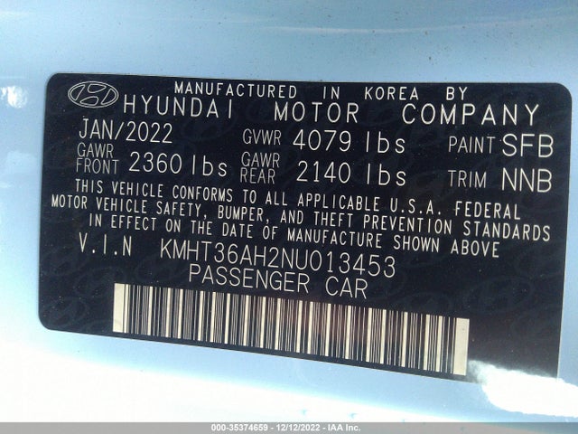 2022 Hyundai Veloster, VIN: KMHT36AH2NU013453