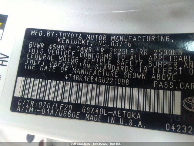 2016 Toyota Avalon, VIN: 4T1BK1EB4GU221098
