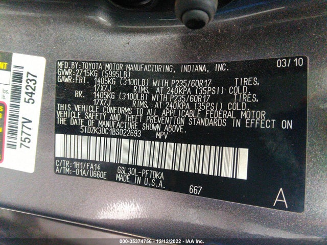 2011 TOYOTA SIENNA VIN: 5TDZK3DC1BS022693