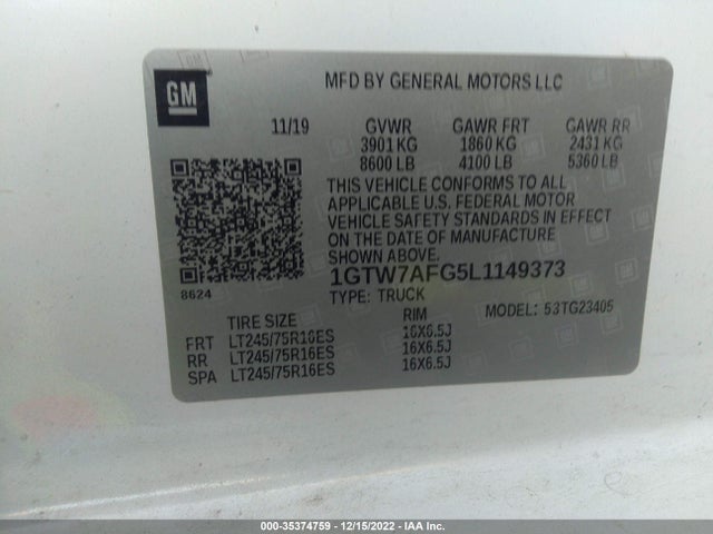 GMC SAVANA CARGO VAN 2020 1GTW7AFG5L1149373 Image 10