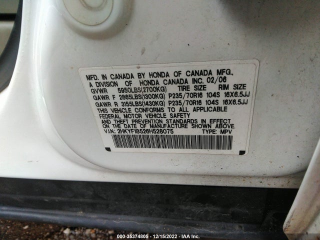 2006 HONDA PILOT EX-L VIN: 2HKYF18526H528075