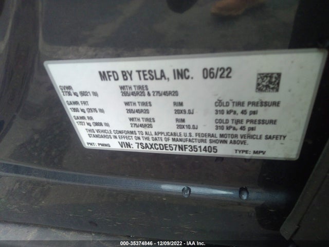2022 Tesla Model X, VIN: 7SAXCDE57NF351405