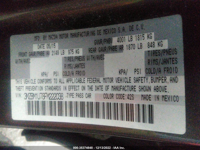 2015 Mazda 3, VIN: 3MZBM1U78FM222038