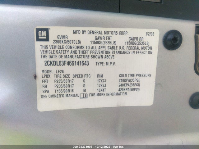 2006 PONTIAC TORRENT VIN: 2CKDL63F466141643