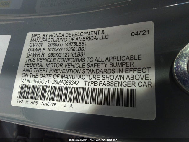 2021 HONDA ACCORD SEDAN SPORT VIN: 1HGCV1F35MA066342