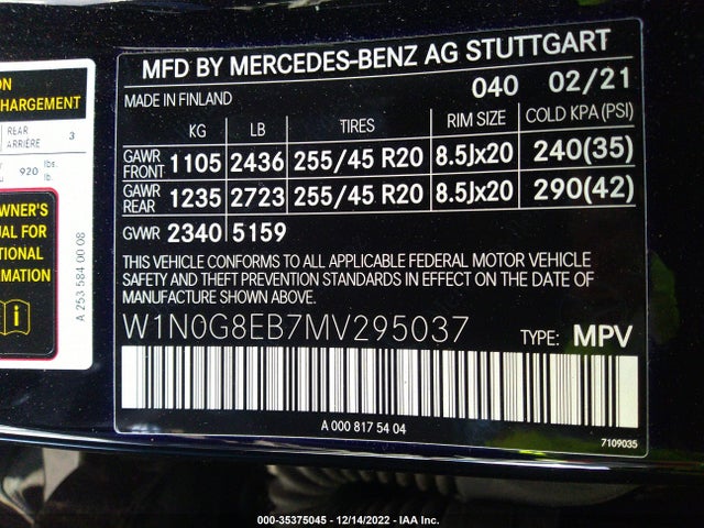 2021 Mercedes-Benz GLC-Class, VIN: W1N0G8EB7MV295037
