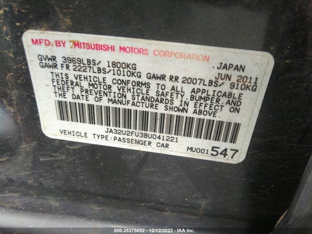 2011 MITSUBISHI LANCER ES VIN: JA32U2FU3BU041221