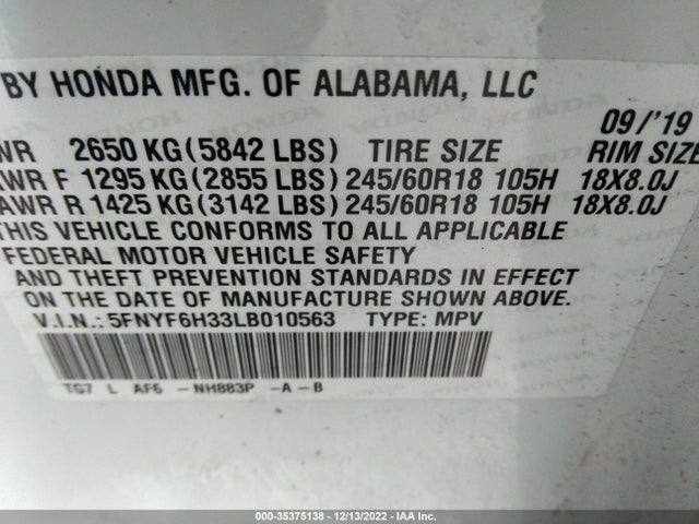 2020 Honda Pilot, VIN: 5FNYF6H33LB010563