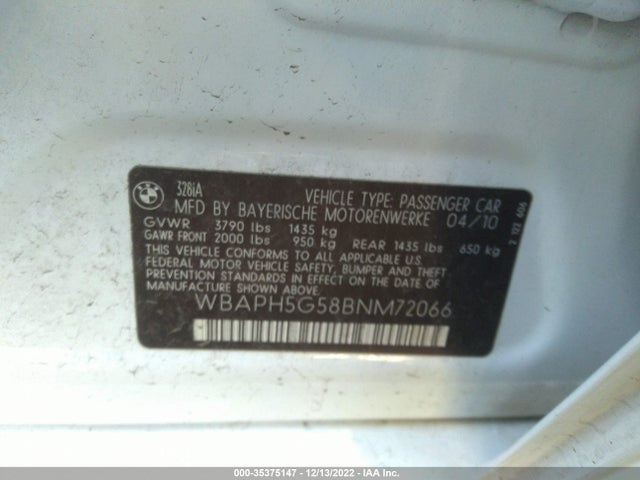2011 BMW 3 SERIES 328I VIN: WBAPH5G58BNM72066